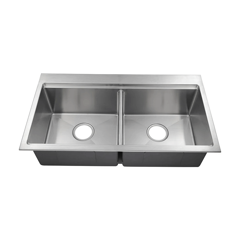Top view of the double bowl sink highlighting its spacious bowls and ceramic material.