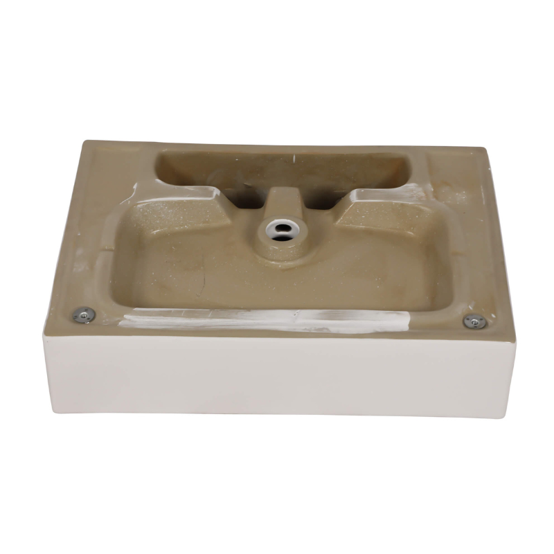 View of the modern 35-inch ceramic console sink with black legs, illustrating its elegant overflow feature.