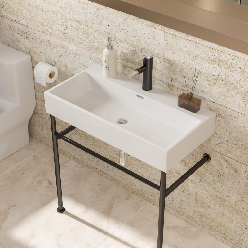 View of the modern 35-inch ceramic console sink with black legs, illustrating its elegant overflow feature.