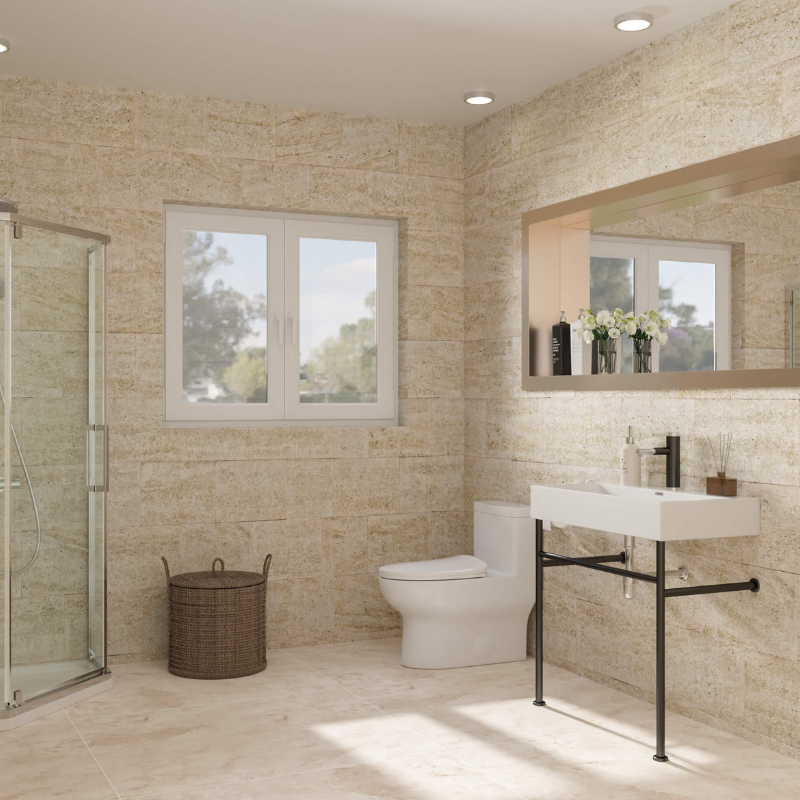 Close-up of the ceramic sinks white finish and black legs, highlighting its stylish design.