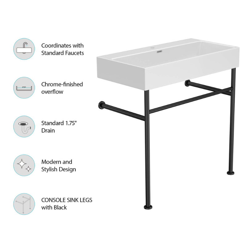 View of the modern 35-inch ceramic console sink with black legs, illustrating its elegant overflow feature.