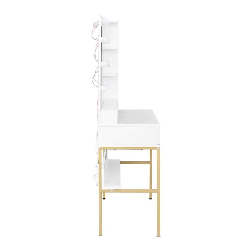 Side view of the stylish dressing table with open shelves and drawers, perfect for small spaces.