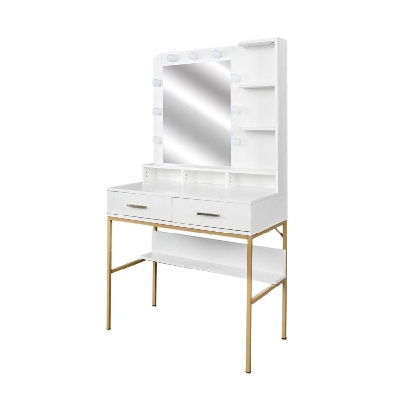 Stylish modern white makeup vanity with LED mirror showcasing storage and sleek design.