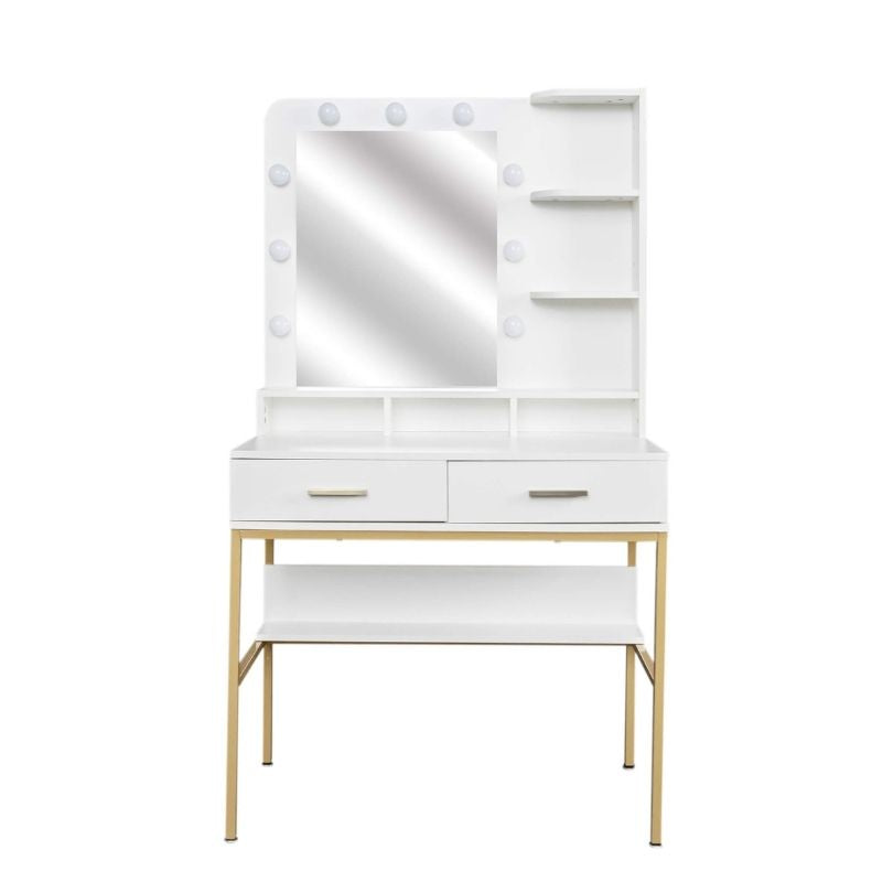 Side view of the stylish dressing table with open shelves and drawers, perfect for small spaces.