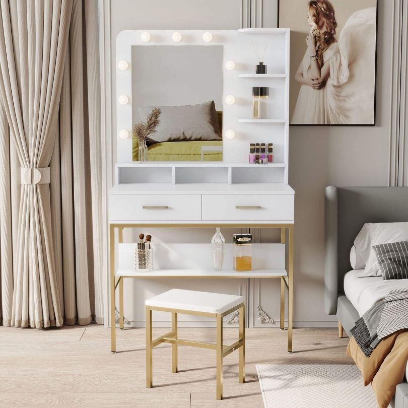 Stylish modern white makeup vanity with LED mirror showcasing storage and sleek design.