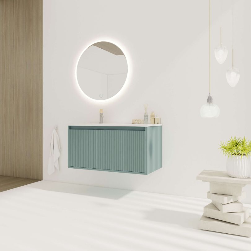 Vibrant green floating vanity showcasing its drop-shaped resin sink from an angle.