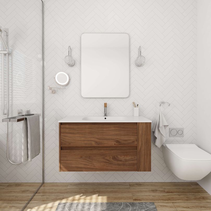Angled front view of oak wall mounted vanity with matte black sink installed in modern bathroom