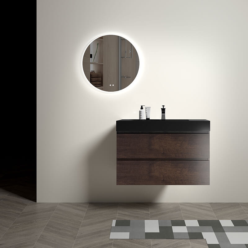 Front view of floating vanity showing black sink and dual drawer layout