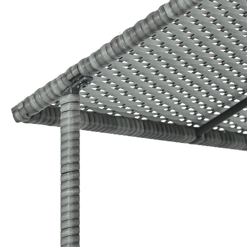 Side angle of the elevated dog house highlighting the protective canopy.