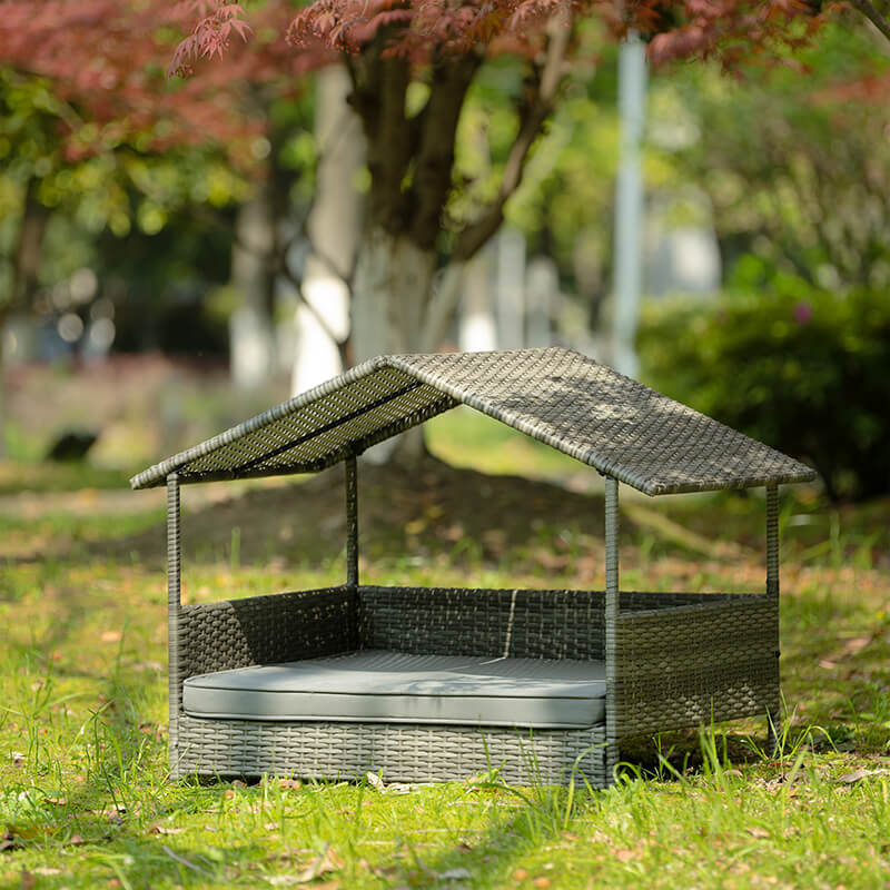 Front view of the stylish canopy dog house showcasing spacious interior and dark gray color.