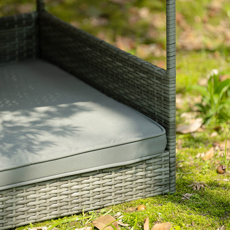 Close-up of the weather-resistant fabric and PE wicker material.