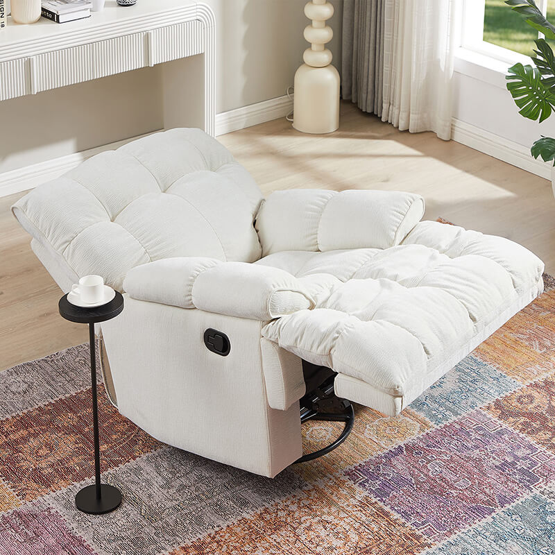 Top-down view of the modern creamy white recliner chair, highlighting its plush padding.