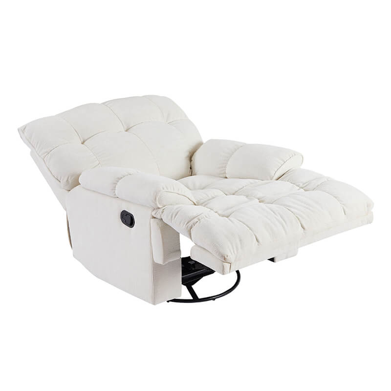 Side view of the Serene Swivel Recliner showcasing its creamy white fabric and ergonomic design.