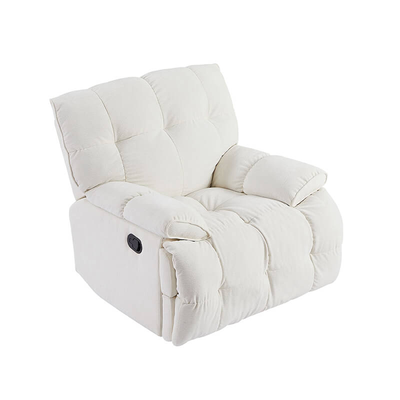 Side view of the Serene Swivel Recliner showcasing its creamy white fabric and ergonomic design.