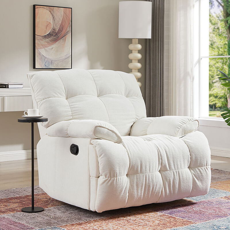 Side view of the Serene Swivel Recliner showcasing its creamy white fabric and ergonomic design.