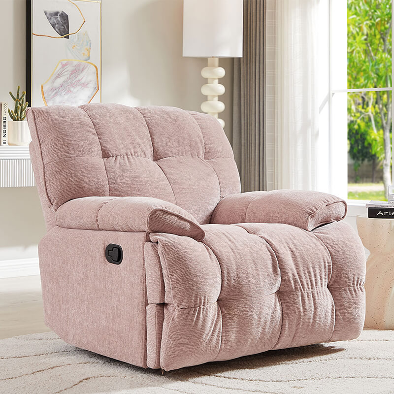 Elegant pink ergonomic swivel recliner chair showcasing its plush padding and modern design.