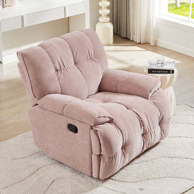 Side view of the pink glider chair demonstrating its gentle rocking motion and swivel feature.