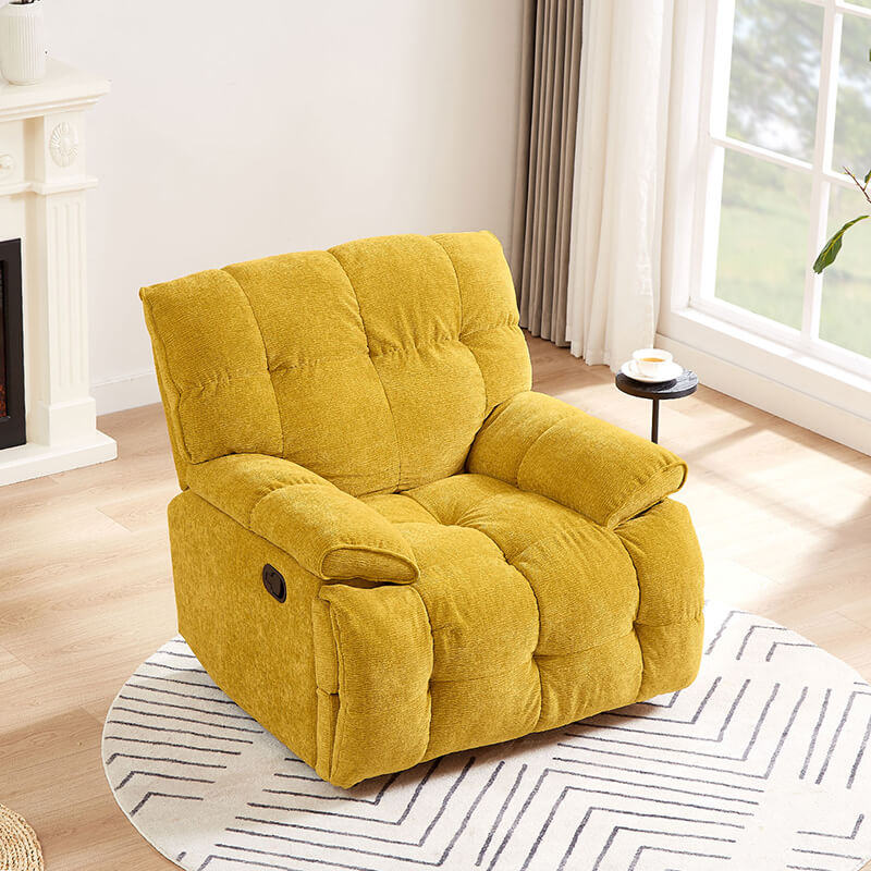 Side angle of the yellow recliner chair showcasing its plush armrests and plaid backrest.