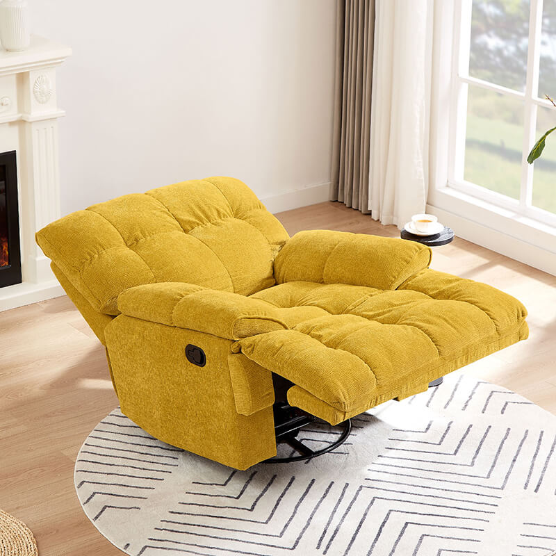 Close-up of the reclining mechanism of the yellow ergonomic swivel recliner chair.