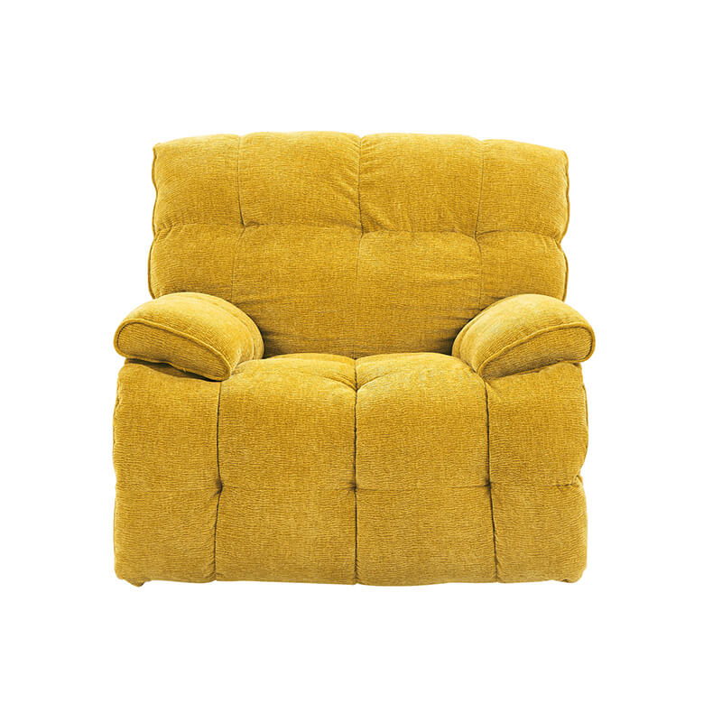 Close-up of the reclining mechanism of the yellow ergonomic swivel recliner chair.
