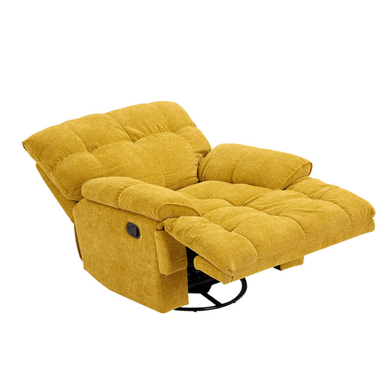 Front view of the modern yellow ergonomic swivel recliner chair in a cozy living room setting.