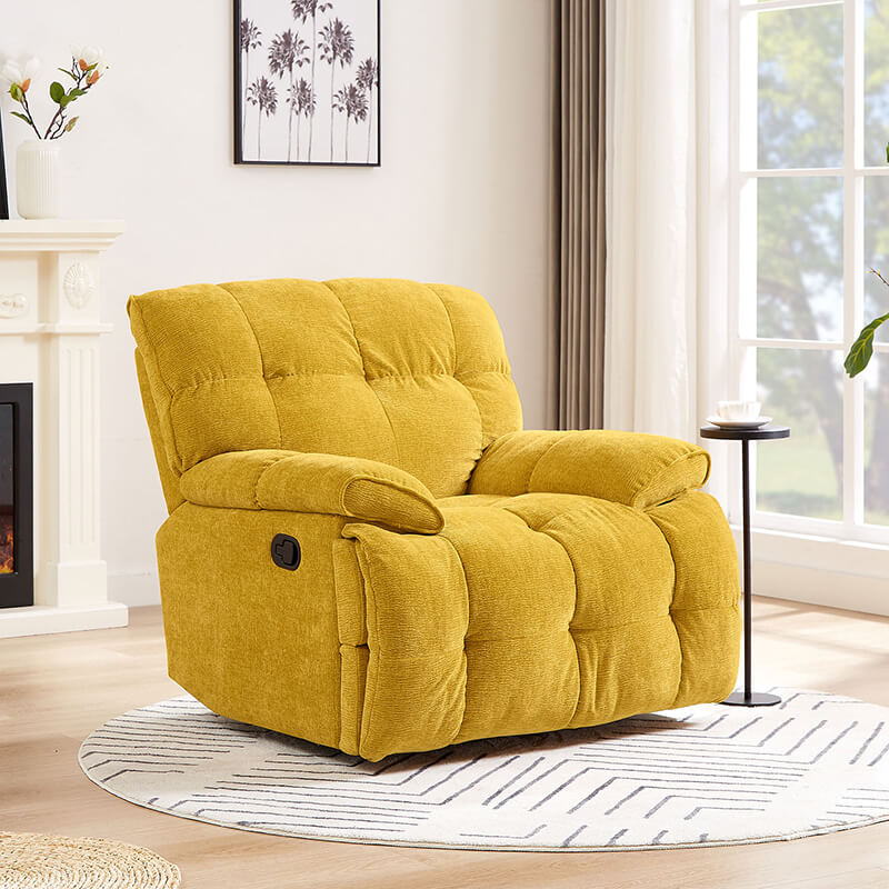 Front view of the modern yellow ergonomic swivel recliner chair in a cozy living room setting.