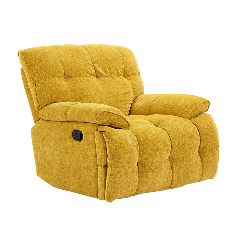Front view of the modern yellow ergonomic swivel recliner chair in a cozy living room setting.