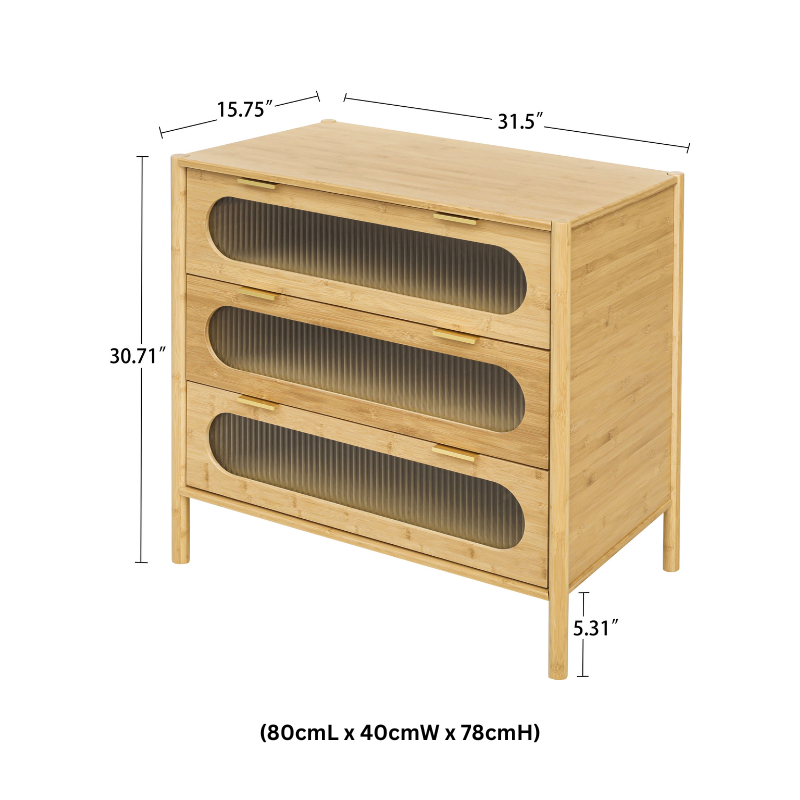 Elegant bamboo sideboard cabinet with three glass drawers from a side angle.
