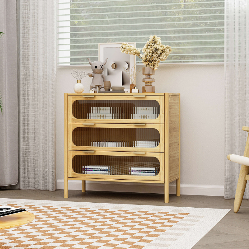 Close-up of the fluted glass panel on the bamboo sideboard, showcasing its unique design.