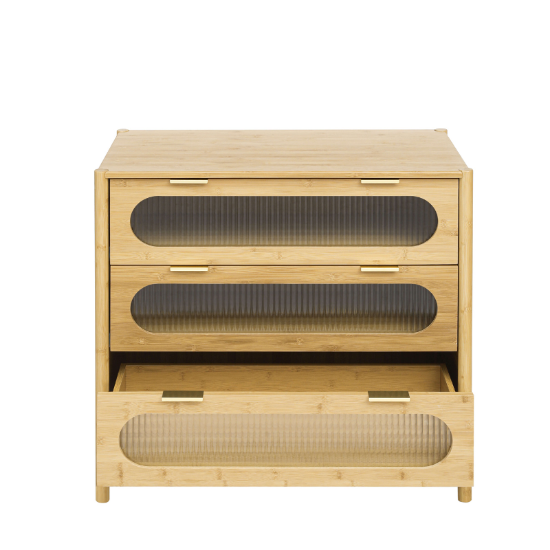 Close-up of the fluted glass panel on the bamboo sideboard, showcasing its unique design.