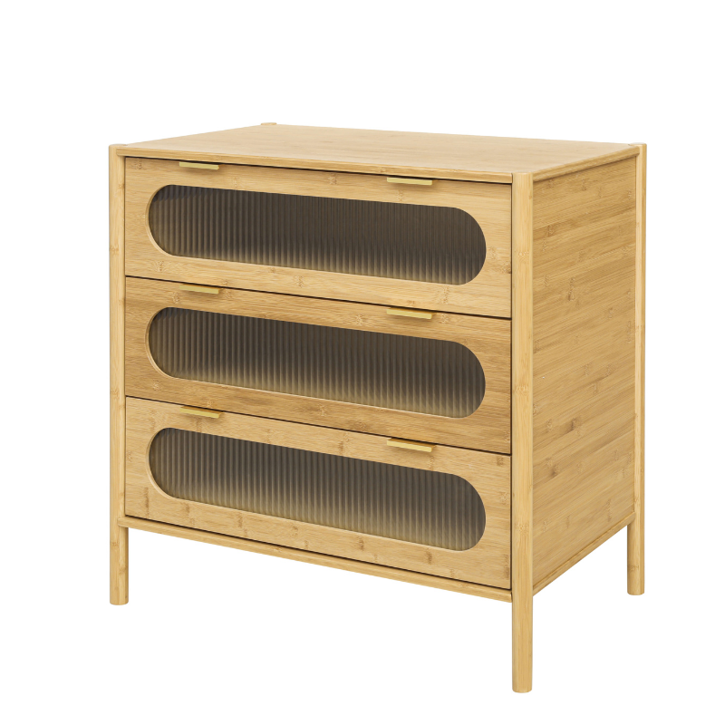 Bamboo storage cabinet displayed in a modern living room setting, highlighting its natural color.