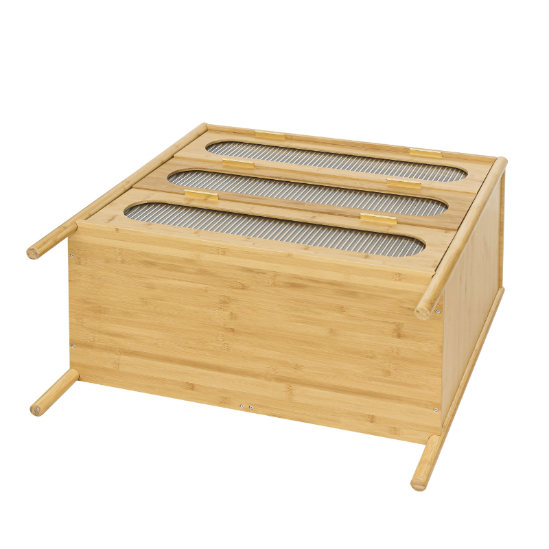 Close-up of the fluted glass panel on the bamboo sideboard, showcasing its unique design.