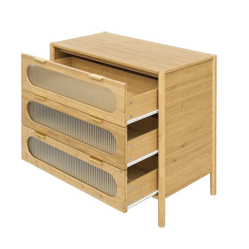 Bamboo storage cabinet displayed in a modern living room setting, highlighting its natural color.