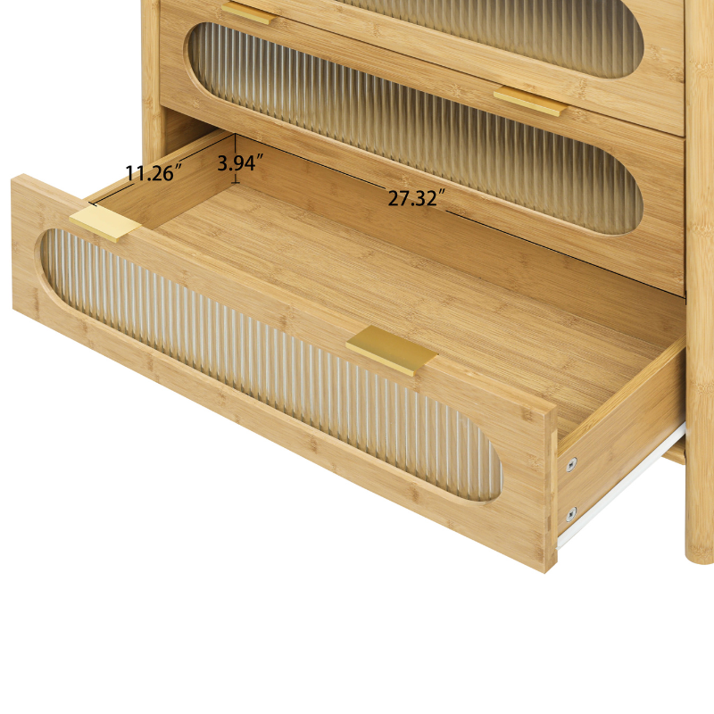 Elegant bamboo sideboard cabinet with three glass drawers from a side angle.