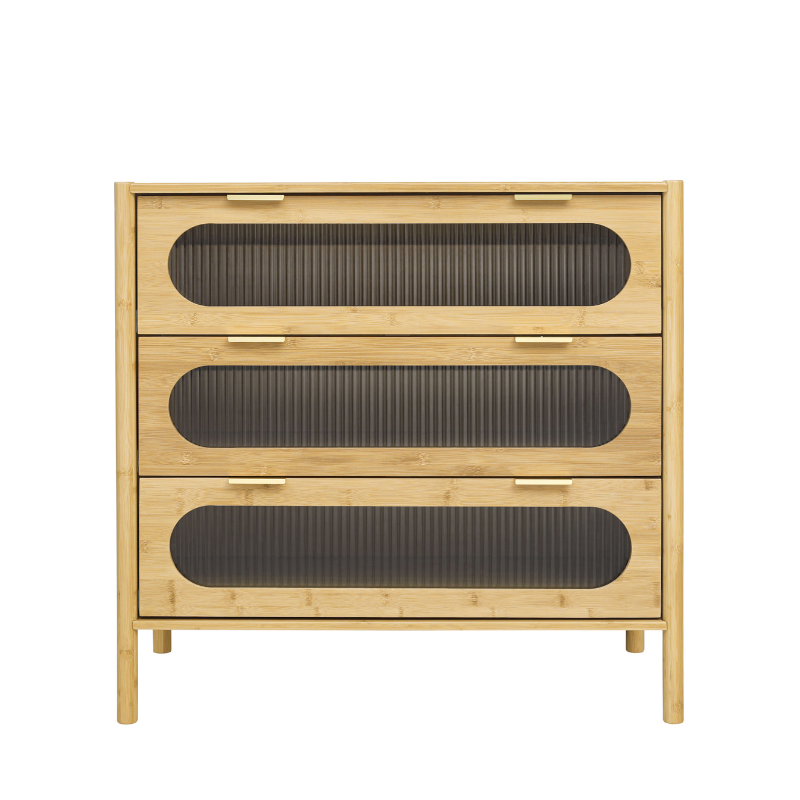 Elegant bamboo sideboard cabinet with three glass drawers from a side angle.