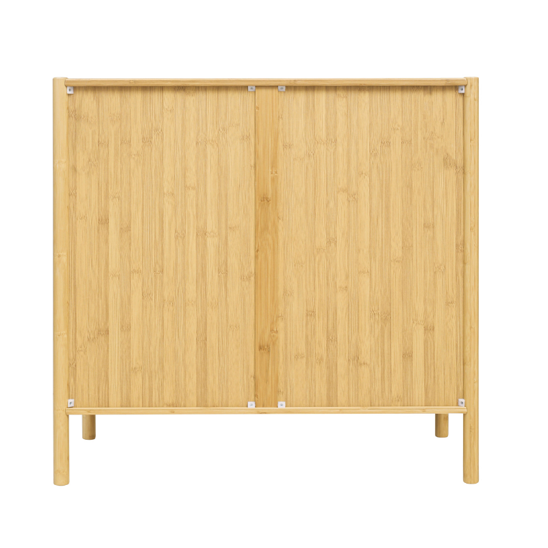 Bamboo storage cabinet displayed in a modern living room setting, highlighting its natural color.