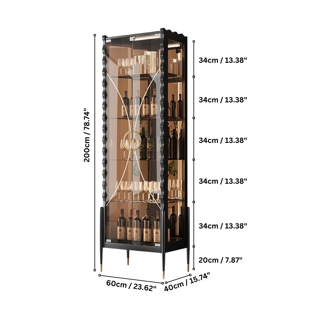 Side view of the tall wine display cabinet featuring sleek design and spacious shelves for wine storage.