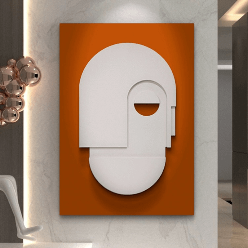 3D geometric abstract canvas wall art in a modern living room setting.