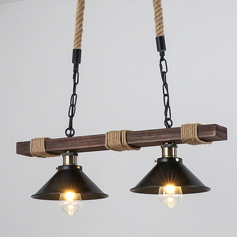 Close-up of rustic industrial hemp rope pendant light showcasing wooden and metal details.