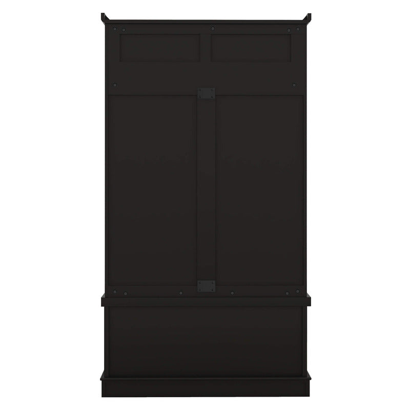 Detailed shot of the four double coat hooks on the modern black entryway storage cabinet with bench, ideal for keeping coats and accessories organized.