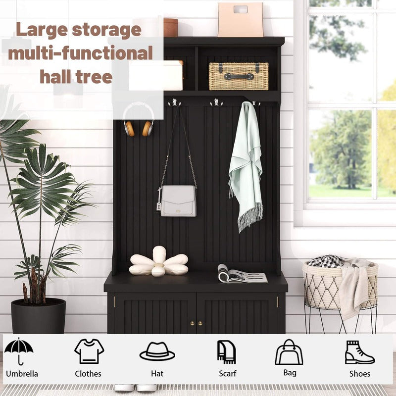 Close-up view showing the two spacious compartments and display shelf of the modern entryway storage cabinet with a bench.