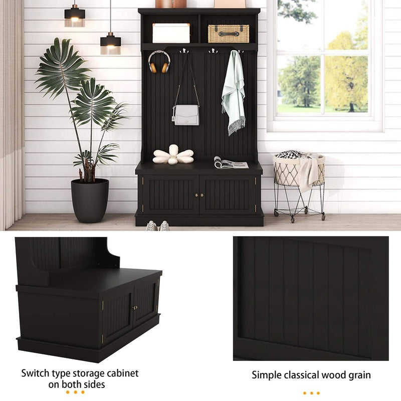 Side view of the modern black entryway storage cabinet with coat hooks, display shelf, and bench for a stylish, functional mudroom.