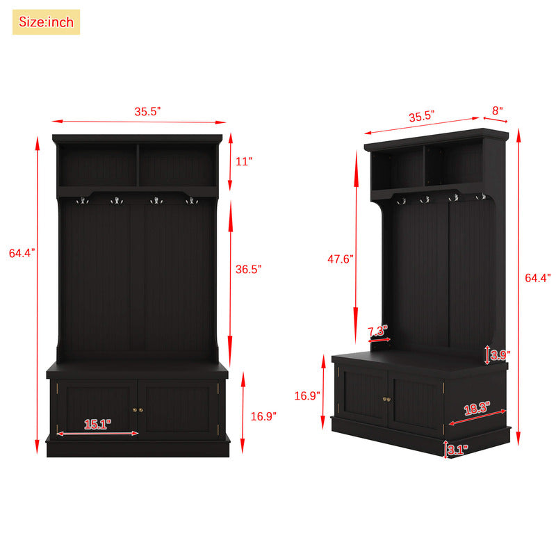 Side view of the modern black entryway storage cabinet with coat hooks, display shelf, and bench for a stylish, functional mudroom.