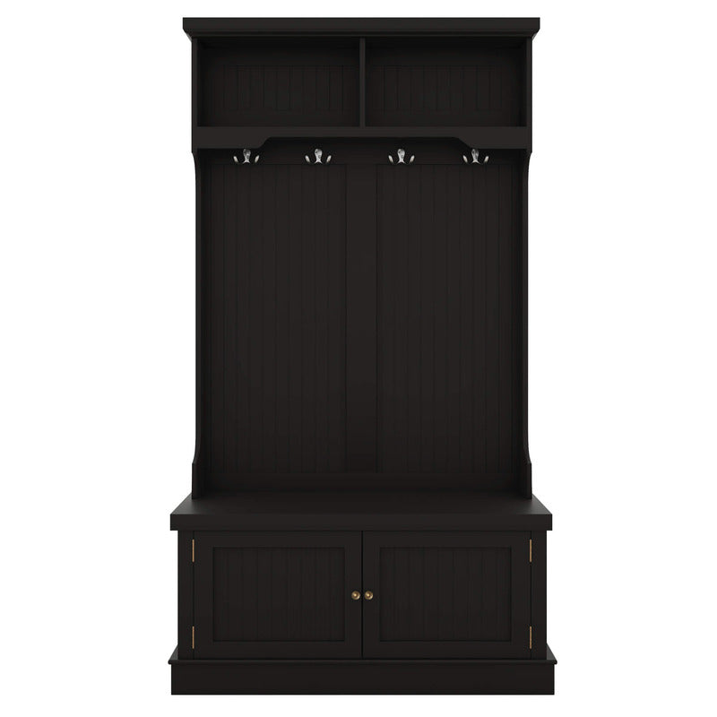 Detailed shot of the four double coat hooks on the modern black entryway storage cabinet with bench, ideal for keeping coats and accessories organized.