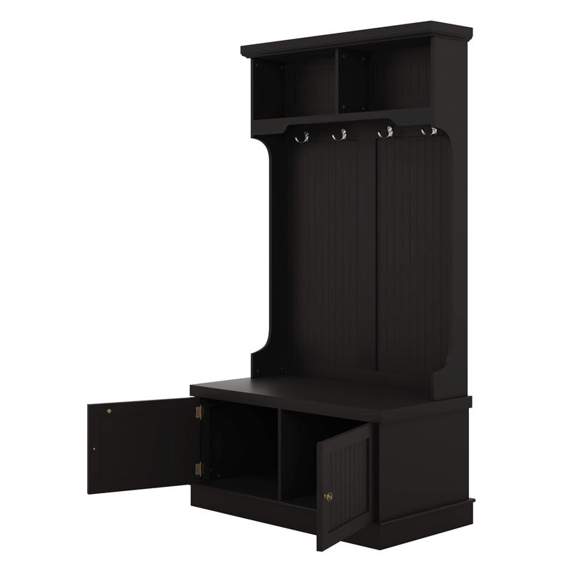 Side view of the modern black entryway storage cabinet with coat hooks, display shelf, and bench for a stylish, functional mudroom.