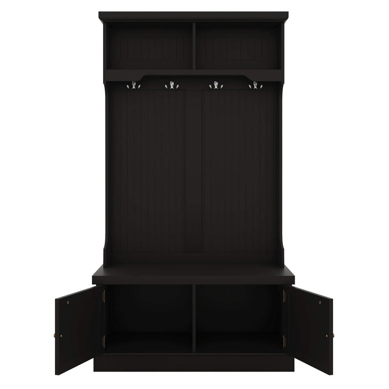 Close-up view showing the two spacious compartments and display shelf of the modern entryway storage cabinet with a bench.