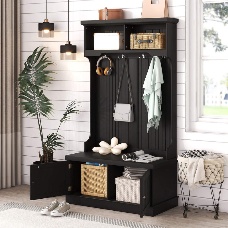 Close-up view showing the two spacious compartments and display shelf of the modern entryway storage cabinet with a bench.