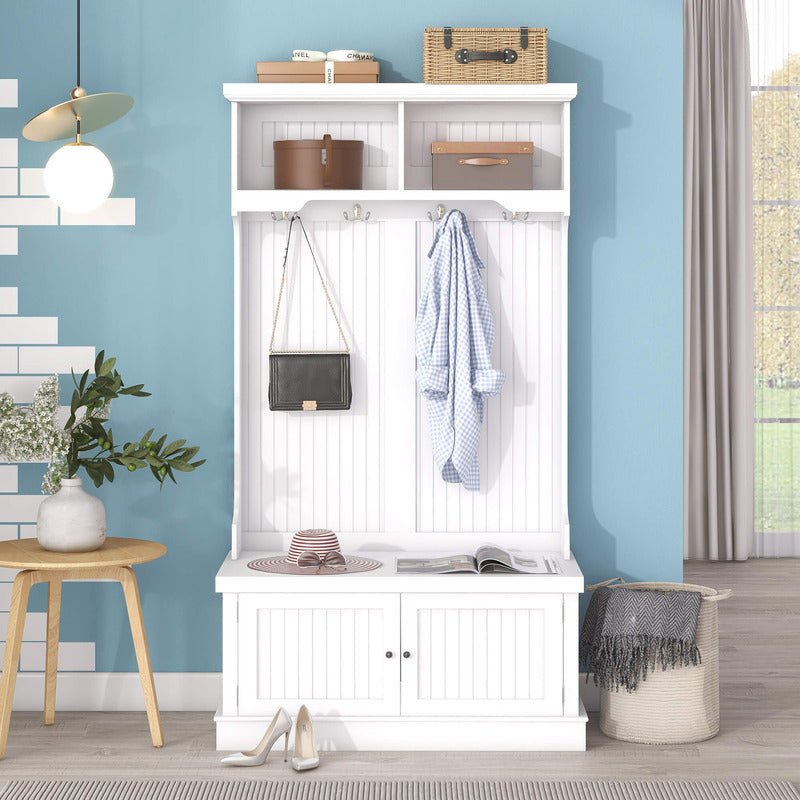 Front view of the modern entryway bench with shelves and coat hooks, showcasing its sleek design and functionality.