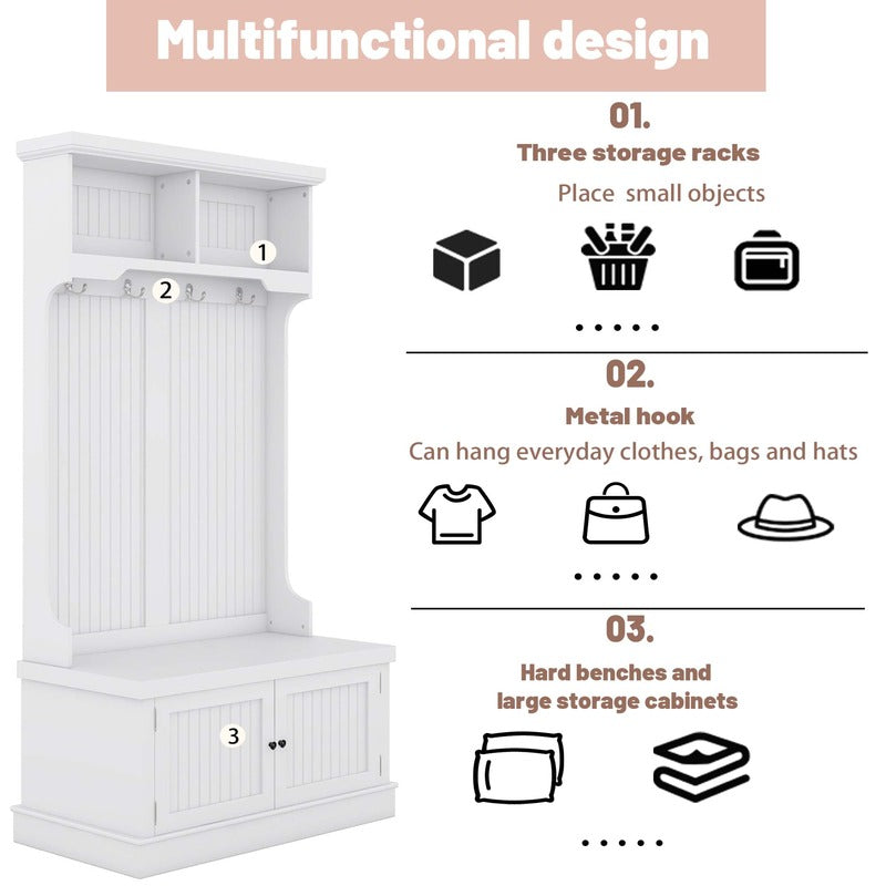 Front view of the modern entryway bench with shelves and coat hooks, showcasing its sleek design and functionality.