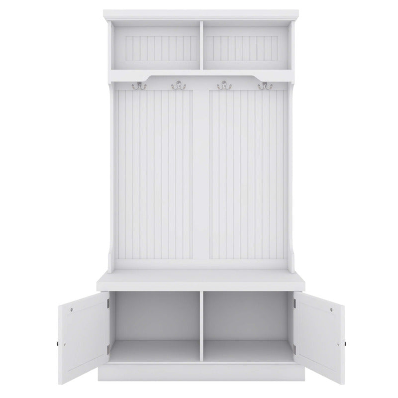 Close-up of the storage cabinet and hooks on the entryway bench, highlighting its practical organization features.